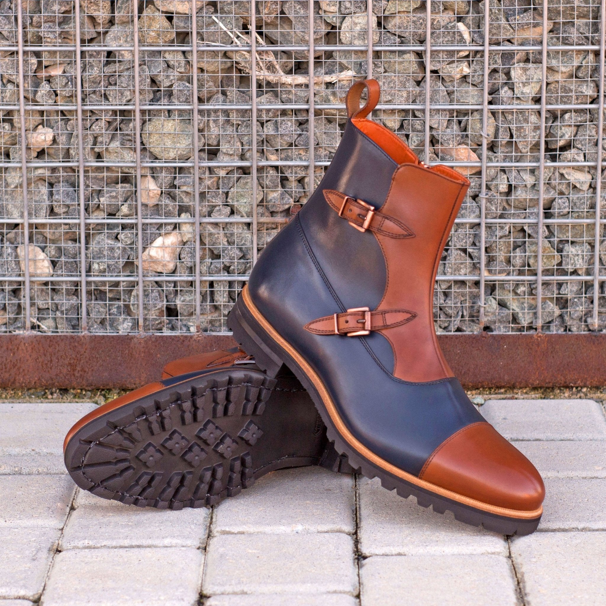 Men's Double Monk Boots in Medium Brown and Navy Blue - Maison de Kingsley Couture Harmonie et Fureur Spain