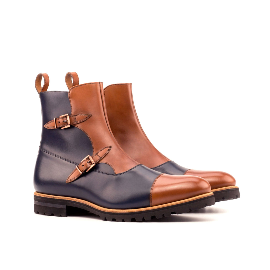 Men's Double Monk Boots in Medium Brown and Navy Blue
