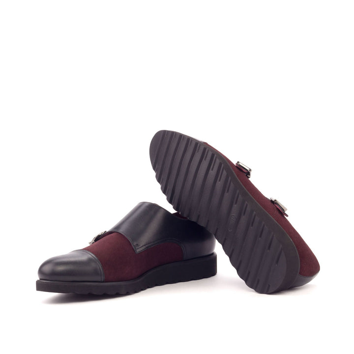 Men's Double Monk Strap in Burgundy Lux Suede and Black Calf with Wedge Sole - Maison Kingsley Couture Spain