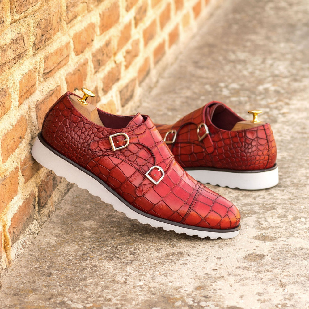 Men's Double Monk Strap Red Croco Print with Sneaker Sole - Maison Kingsley Couture Spain