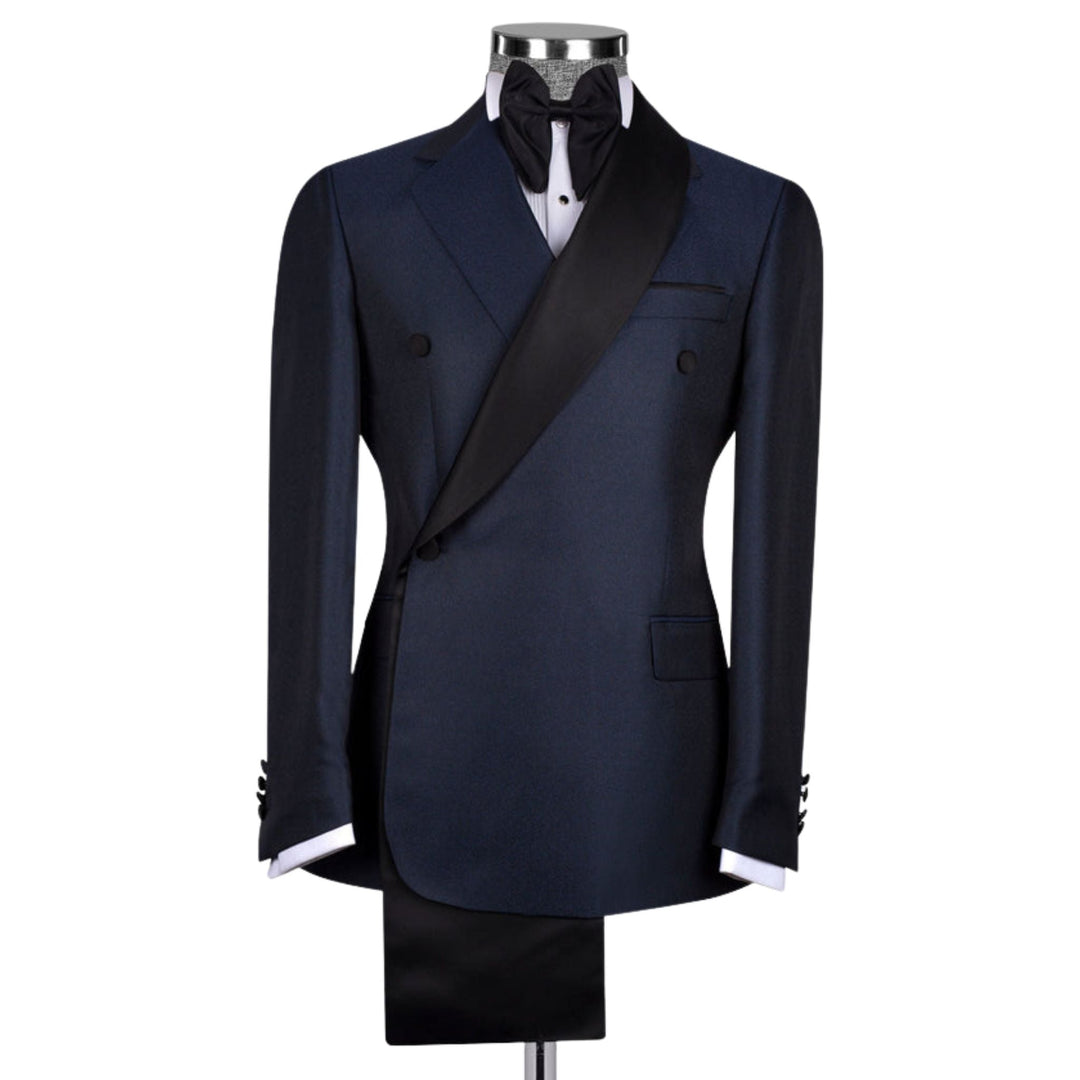 Men's Elite Collection Notch and Shawl Lapel Double Breasted Tuxedo in Navy Blue and Black