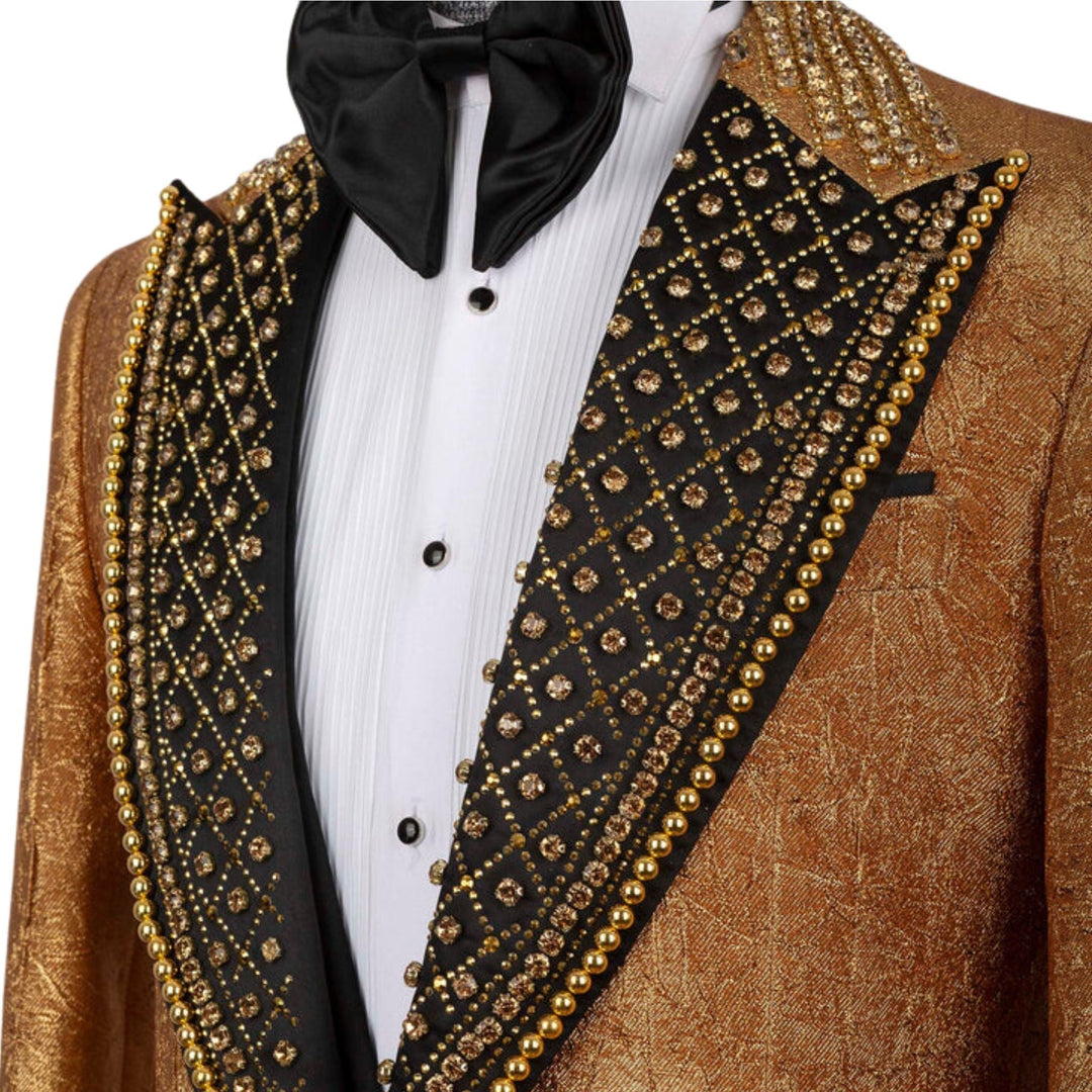 Men's Gold and black Embellished Peak Lapel Three Piece Tuxedo