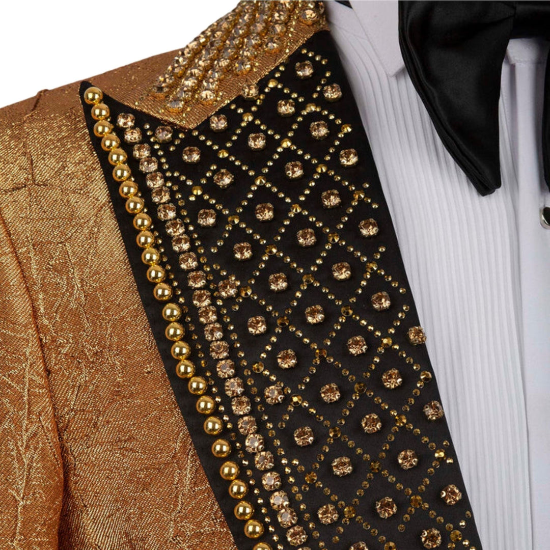 Men's Gold and black Embellished Peak Lapel Three Piece Tuxedo - Maison de Kingsley Couture Harmonie et Fureur Spain
