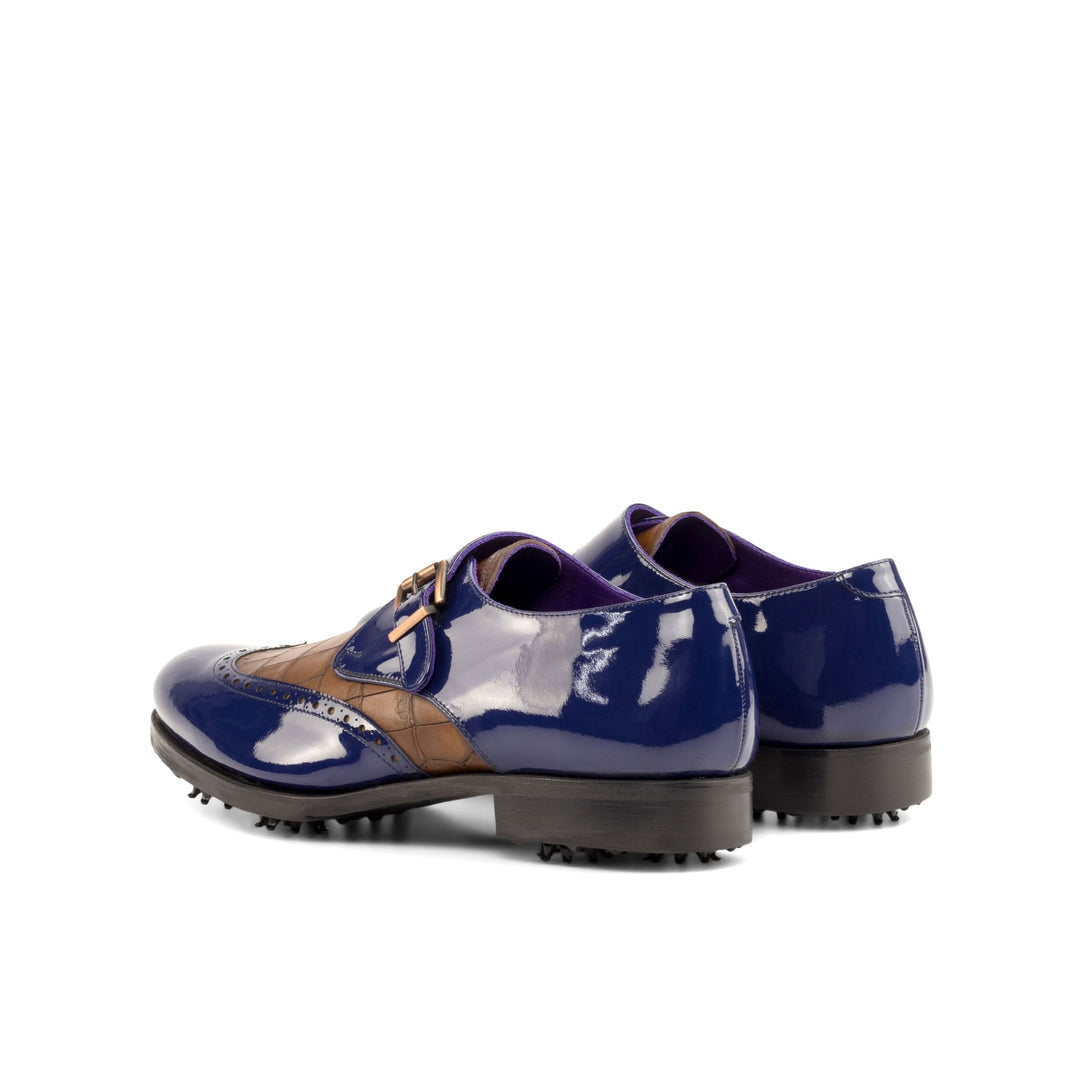 Men's Cobalt Blue Patent Leather and Brown Croco Print Calf Single Monk Strap Golf Shoes