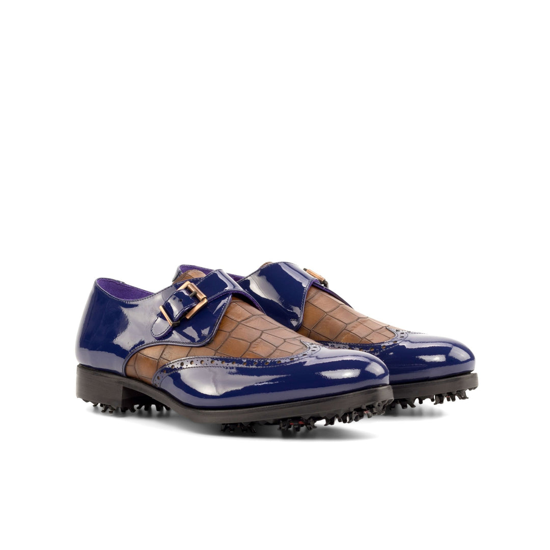 Men's Cobalt Blue Patent Leather and Brown Croco Print Calf Single Monk Strap Golf Shoes