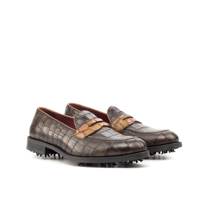 Men's Golf Loafers in Dark and Medium Brown Croc Print Calf - Maison Kingsley Couture Spain
