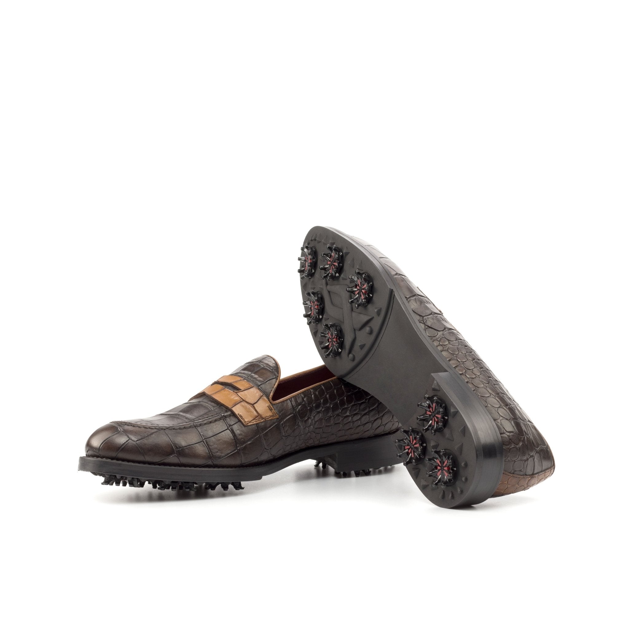 Men's Golf Loafers in Dark and Medium Brown Croc Print Calf - Maison Kingsley Couture Spain