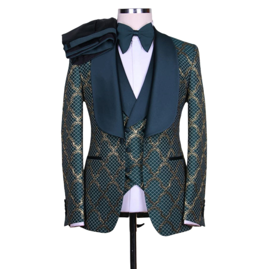 Men's Green Jacquard Shawl lapel Three Piece Tuxedo