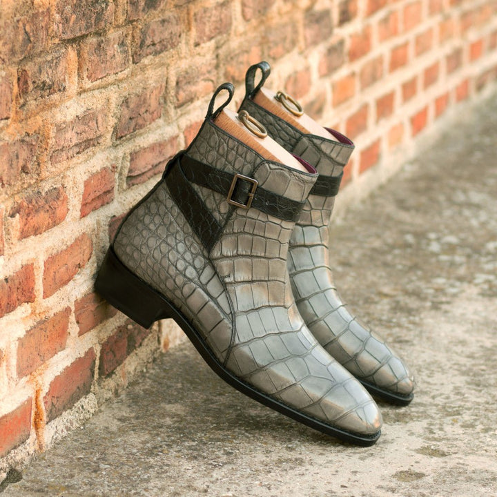 Men's Grey and Black Alligator Jodhpur Boots with High Heel