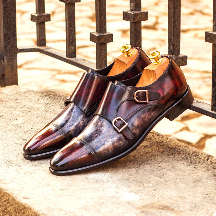 Men's Grey and Burgundy Marble Patina Double Monk Strap - Maison Kingsley Couture Spain