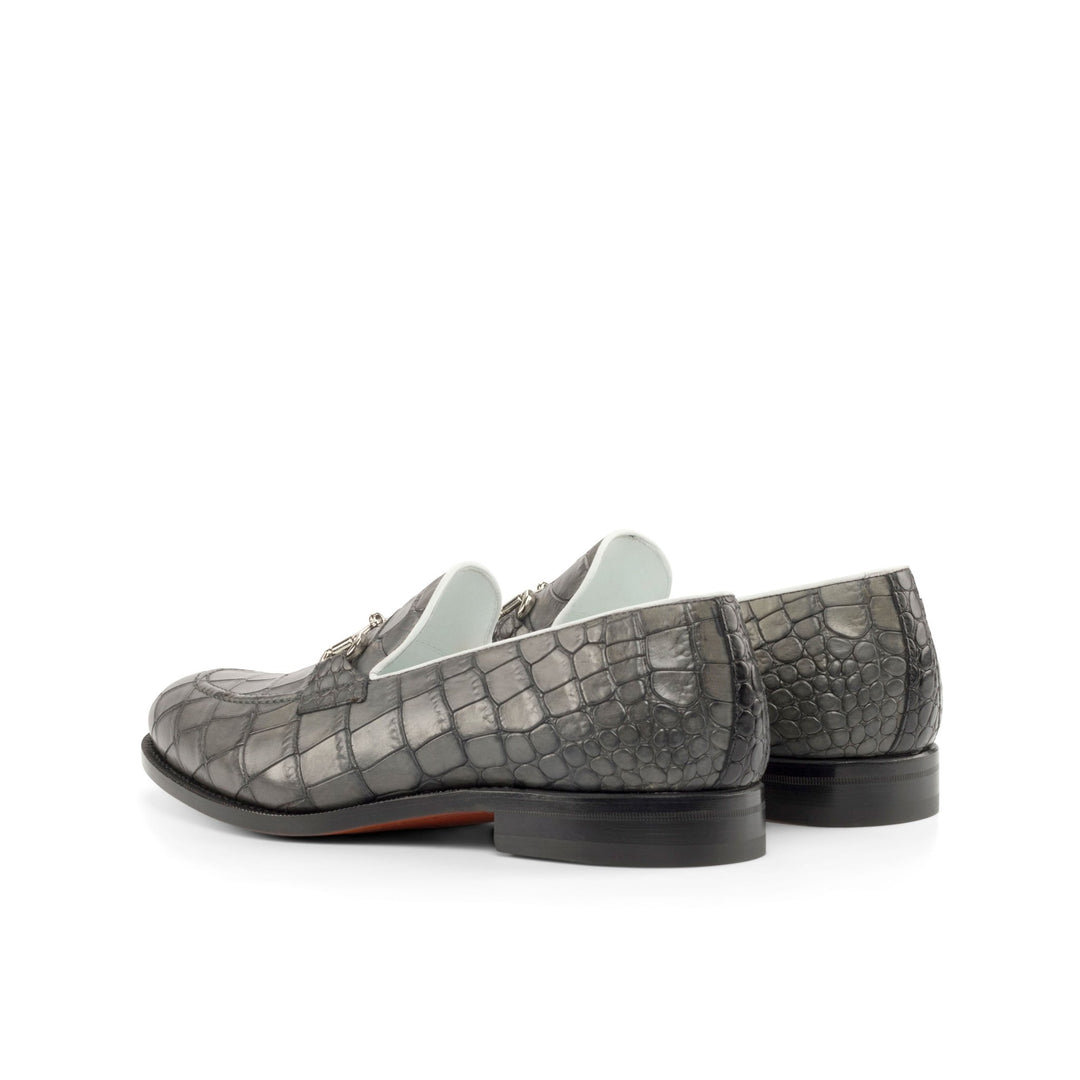 Men's Grey and White Horsebit Loafers in Croco Print Calf