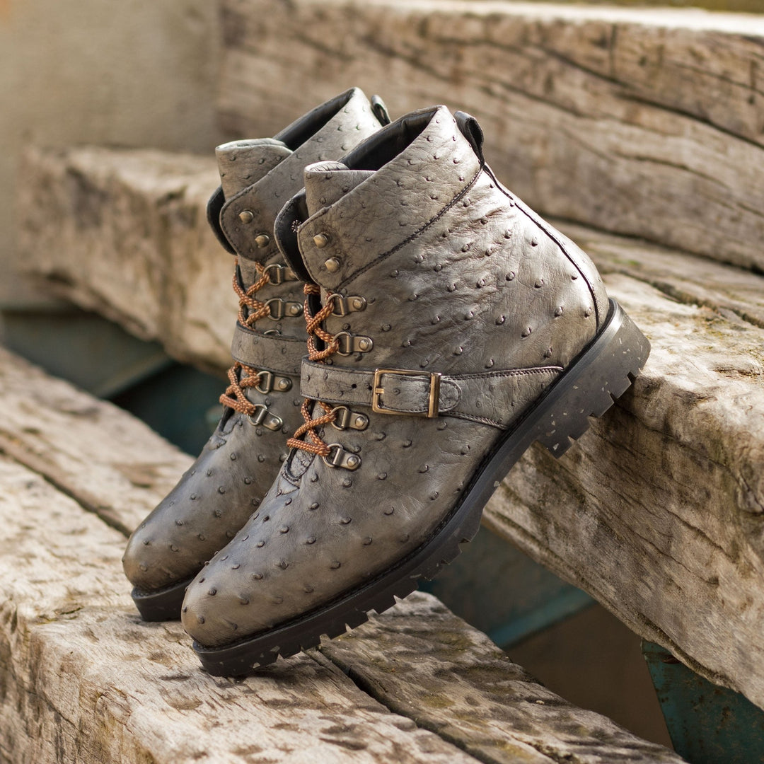 Men's Grey Ostrich Hiking Boots with Commando Sole