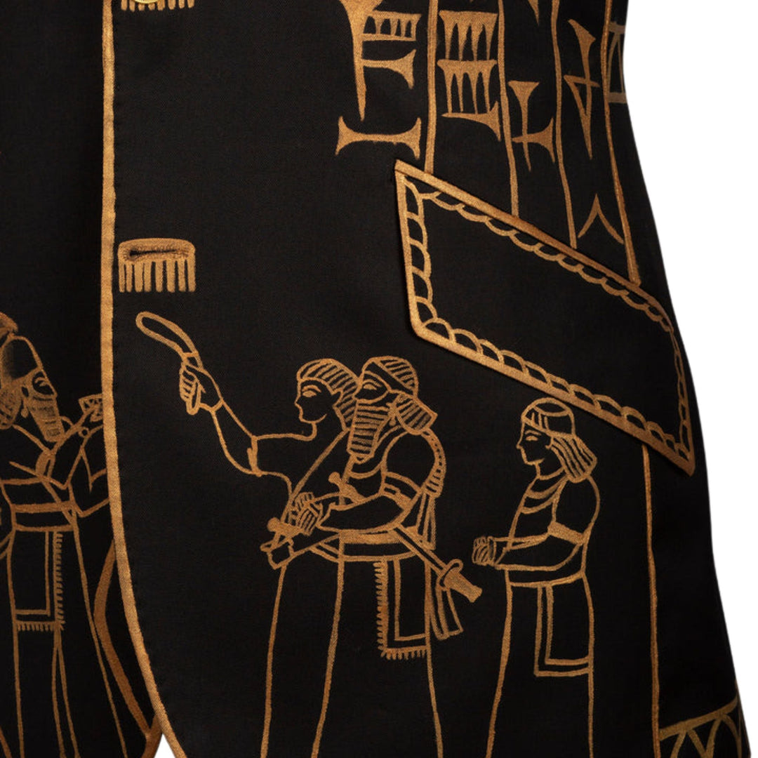 Men's Hand-painted Ancient Sumerian Cuneiform Motif Peak Lapel Three Piece Suit in Black and Gold
