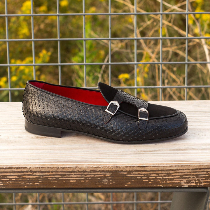 Men's Double Monk Slipper in Black Python and Suede with Red Sole
