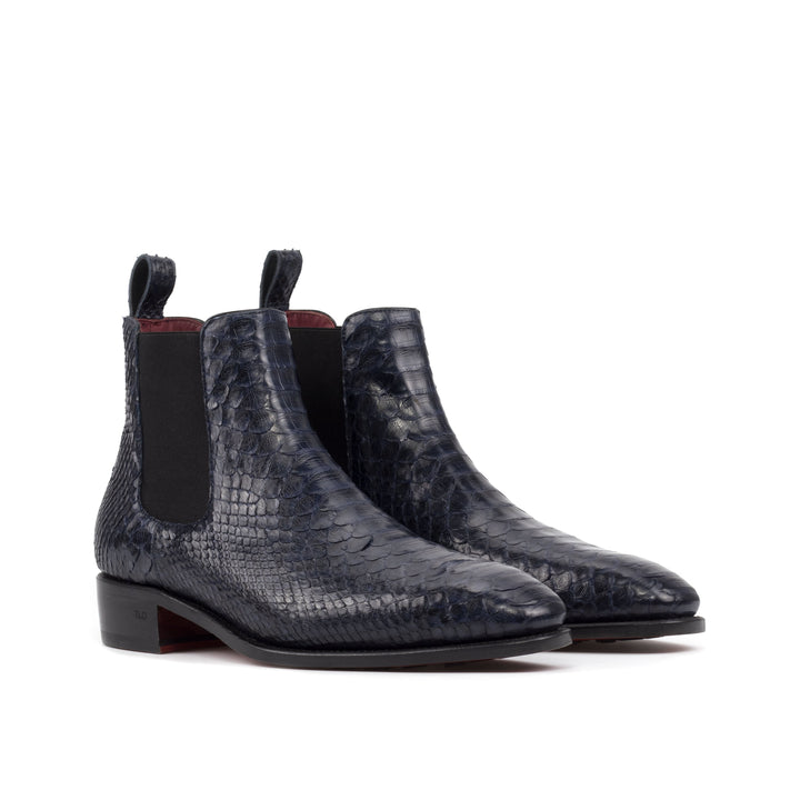Men's Hendrix Navy Blue Python Chelsea Boots with High Heel and Red Bottom