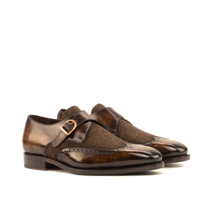 Men's Herringbone and Brown Patina Single Monk Strap Wingtips - Maison Kingsley Couture Spain