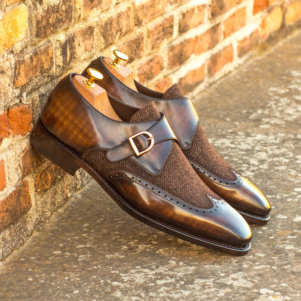 Men's Herringbone and Brown Patina Single Monk Strap Wingtips - Maison Kingsley Couture Spain