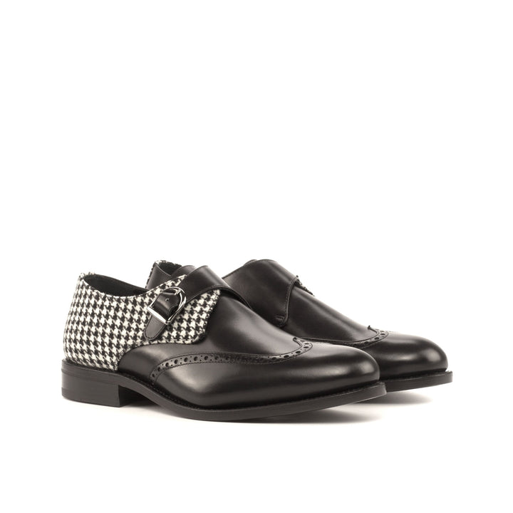 Men's Houndstooth and Black Calf Single Monk Strap Wingtips - Maison Kingsley Couture Spain
