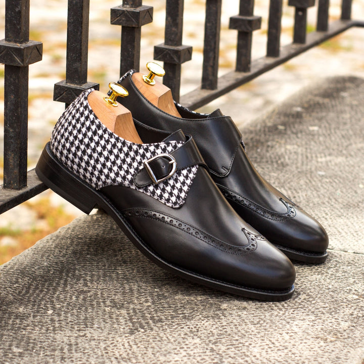 Men's Houndstooth and Black Calf Single Monk Strap Wingtips - Maison Kingsley Couture Spain