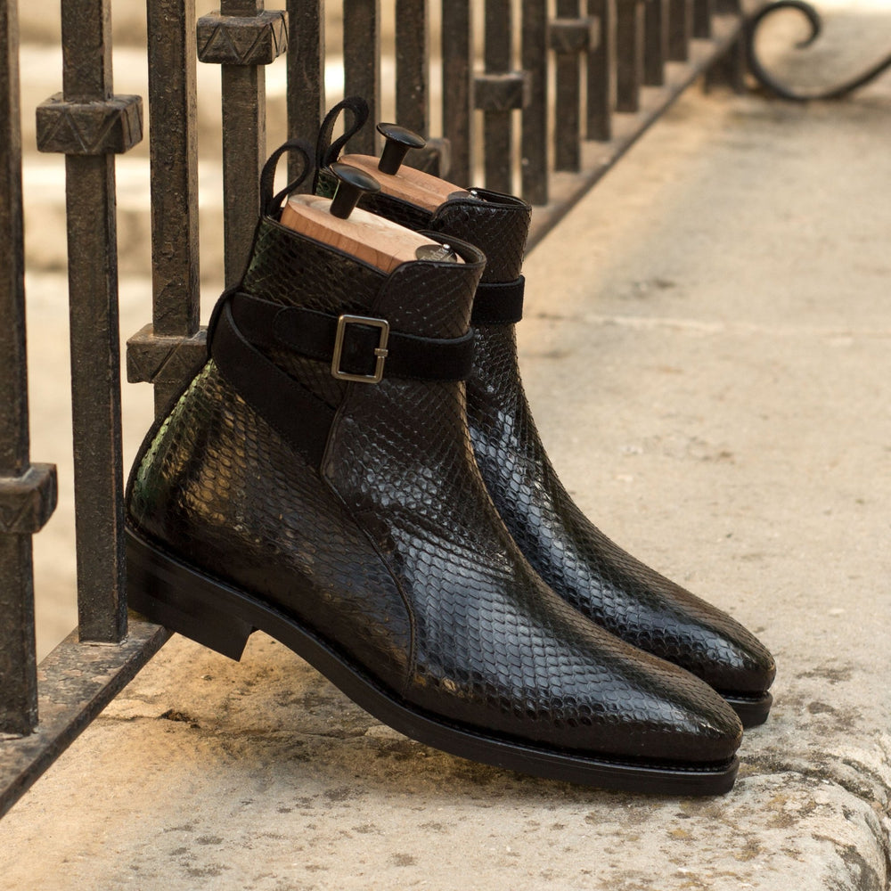 Men's Jodhpur Boots in All Black Python with Black Suede Strap