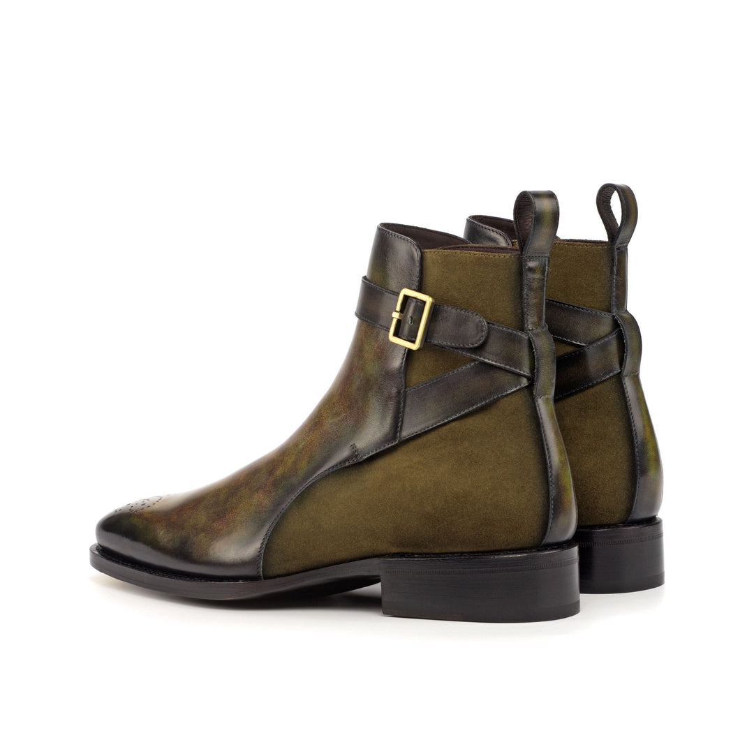 Men's Jodhpur Boots in Khaki Green Patina and Suede with Toe Taps