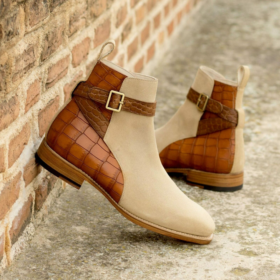 Men's Jodhpur Boots in Sand Suede Cognac and Medium Brown Croco Print and Toe Taps - Maison Kingsley Couture Spain