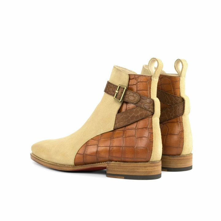 Men's Jodhpur Boots in Sand Suede Cognac and Medium Brown Croco Print and Toe Taps - Maison Kingsley Couture Spain