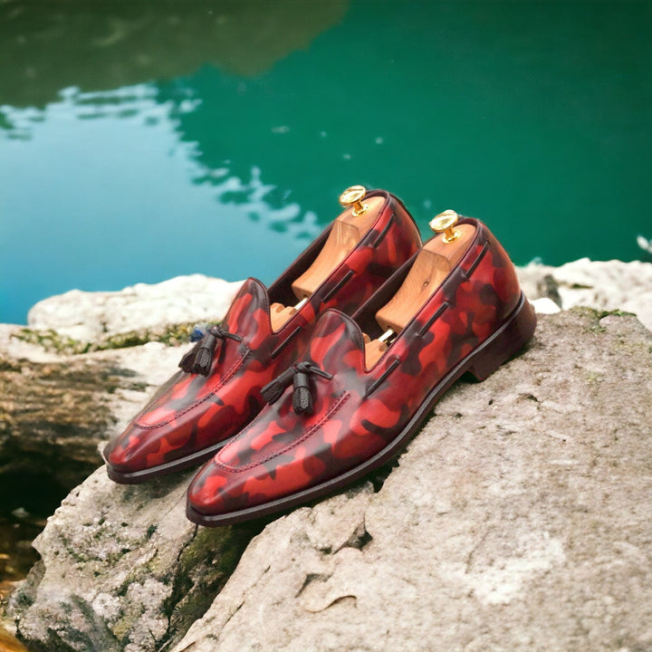 Men's Loafers in Burgundy and Red Camo Patina with Tassels