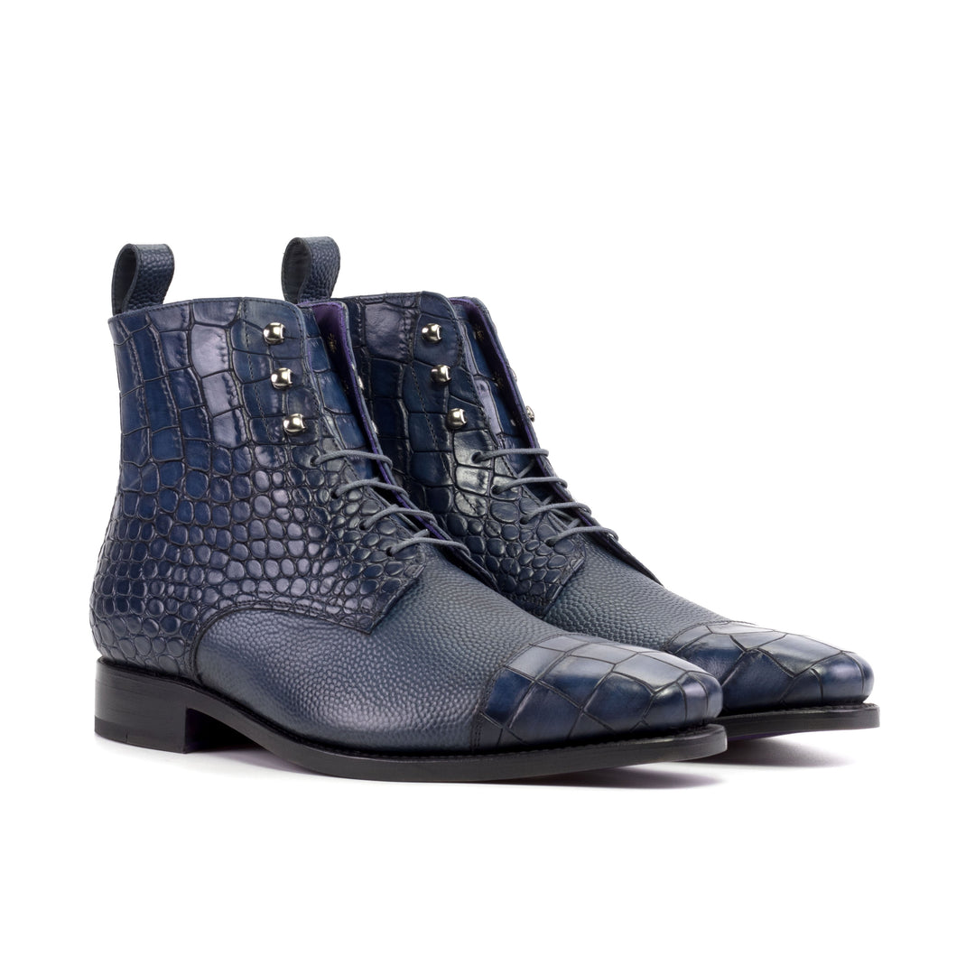 Men's Navy Blue Jump Boots in Croco Print and Pebble Grain