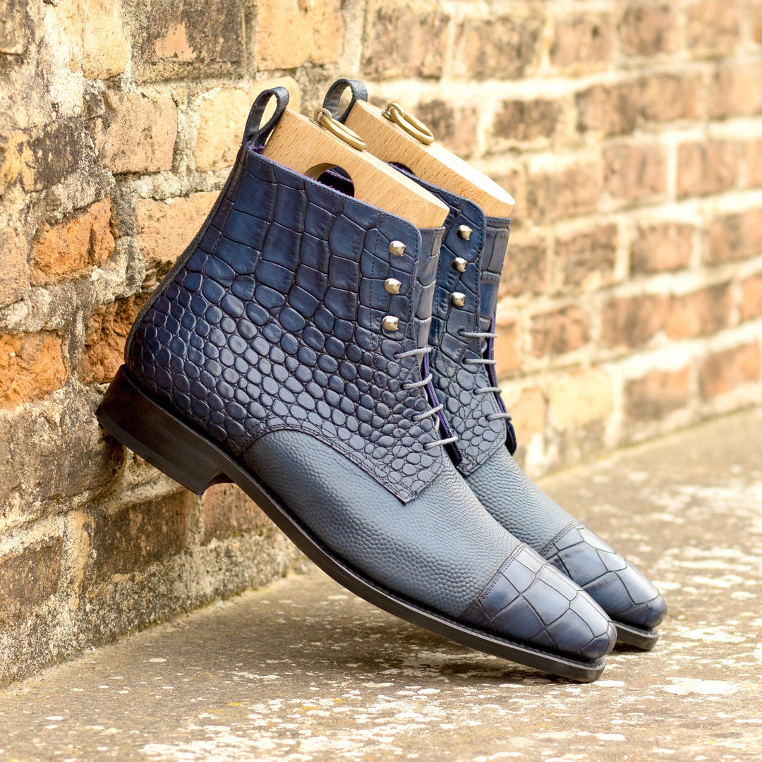 Men's Navy Blue Jump Boots in Croco Print and Pebble Grain
