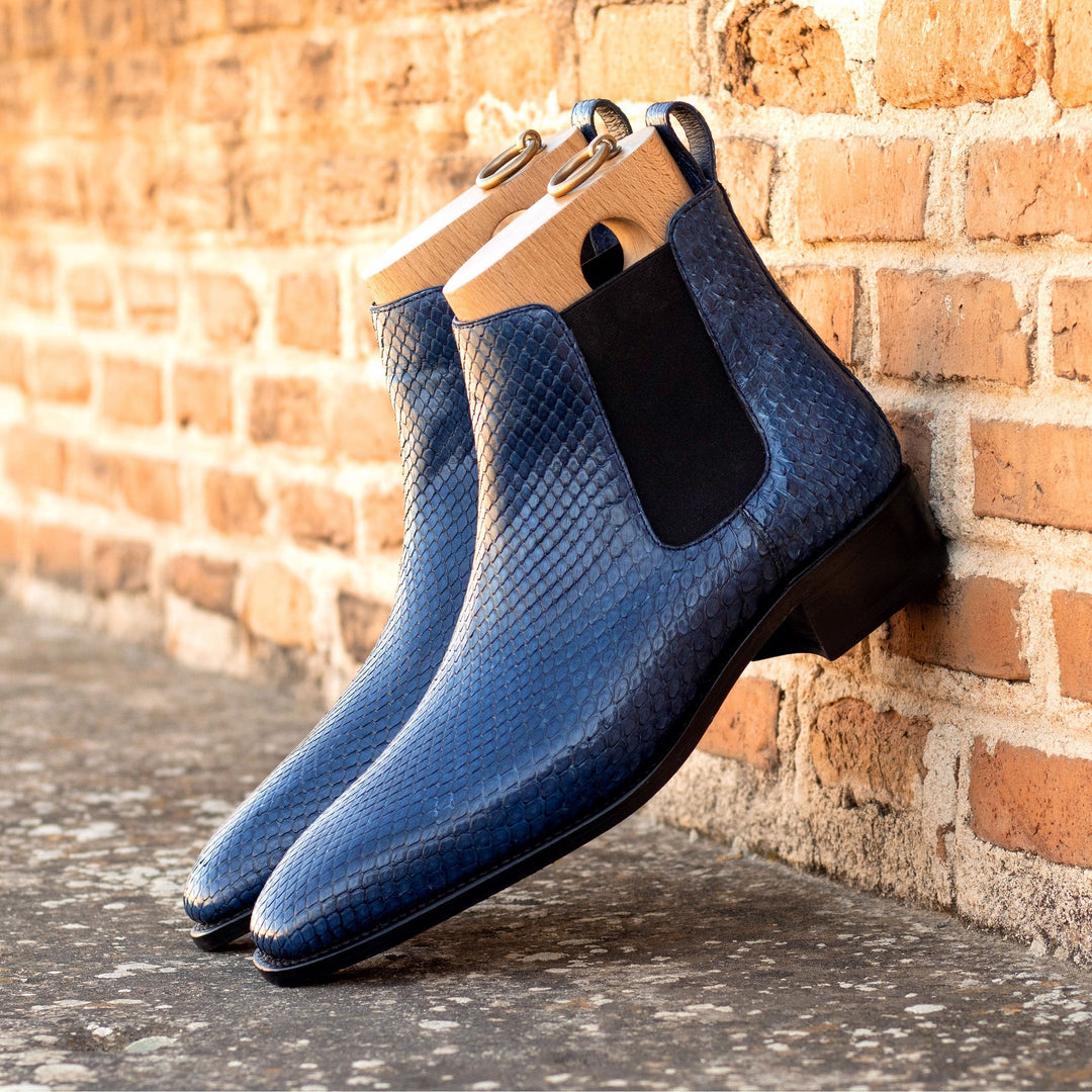 Men's Navy Blue Python Chelsea Boots with High Heel