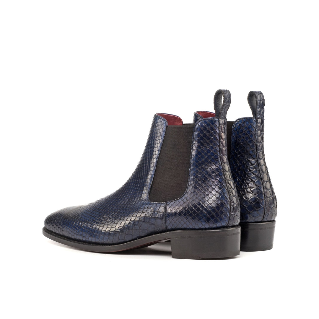 Men's Navy Blue Python Chelsea Boots with High Heel and Croco Print Calf Pull Tab