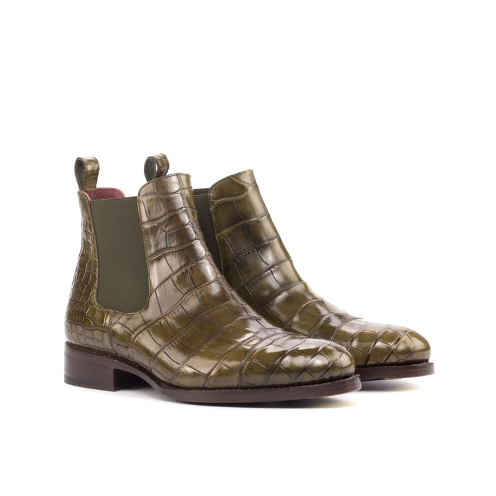 Men's Olive Alligator Chelsea Boots High Heel and Toe Taps