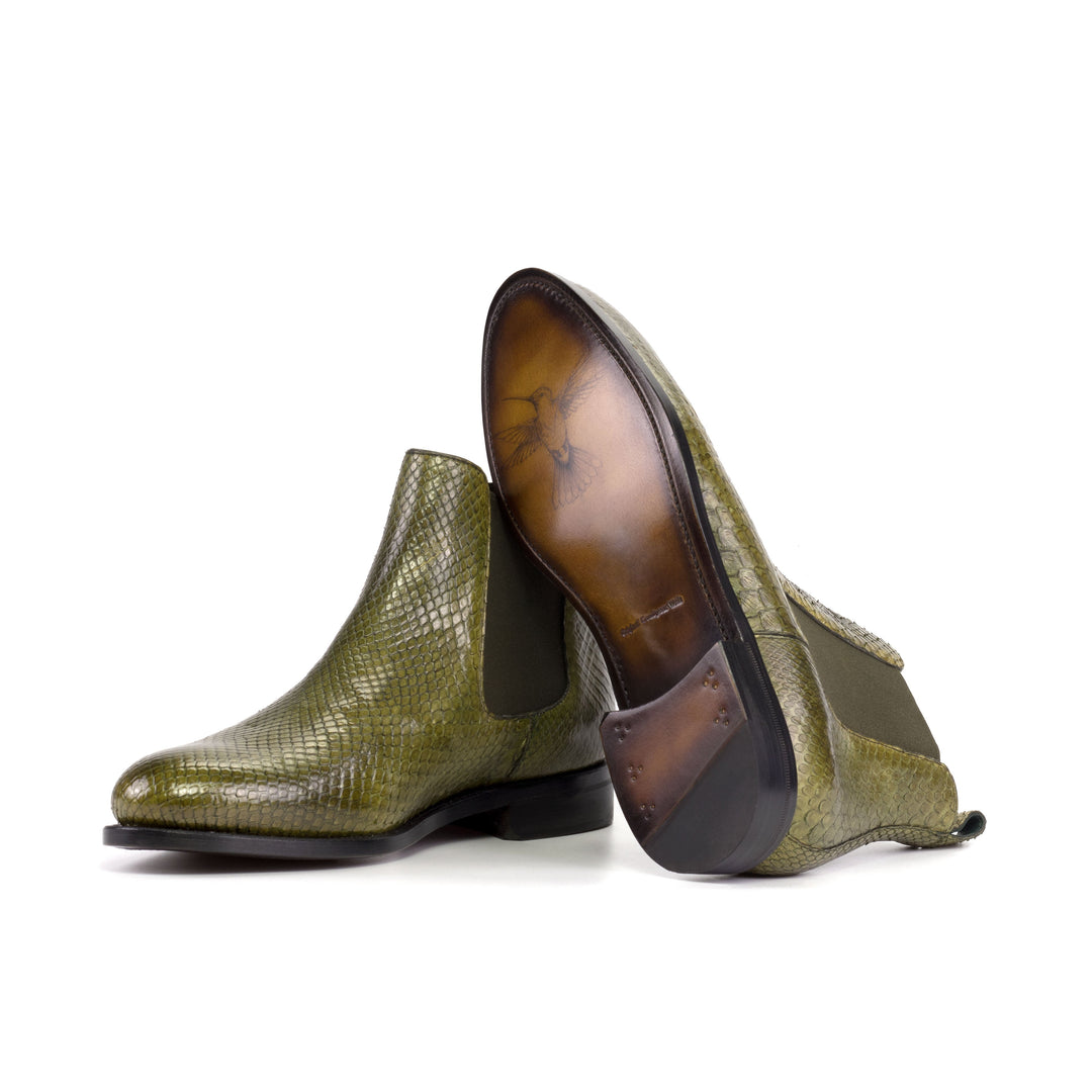 Men's Olive Green Python Chelsea Boots with Hummingbird Art Sole