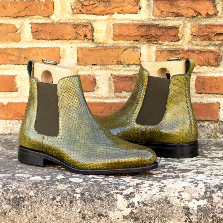 Men's Olive Green Python Chelsea Boots with Hummingbird Art Sole