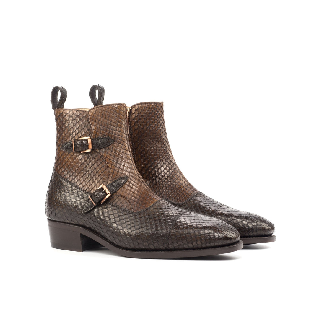 Men's Python Double Monk Boots In Medium and Dark Brown with High Heel with Zipper