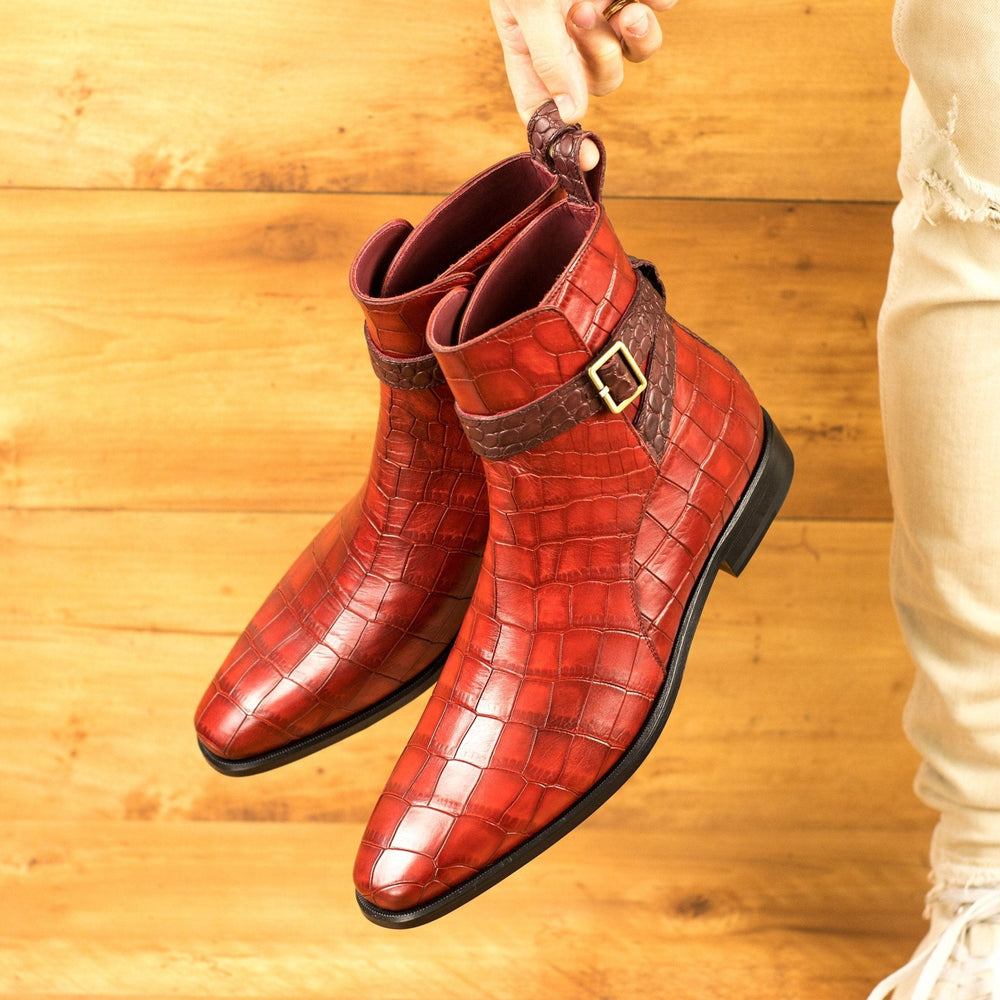Men's Red and Burgundy Croco Print Jodhpur Boots