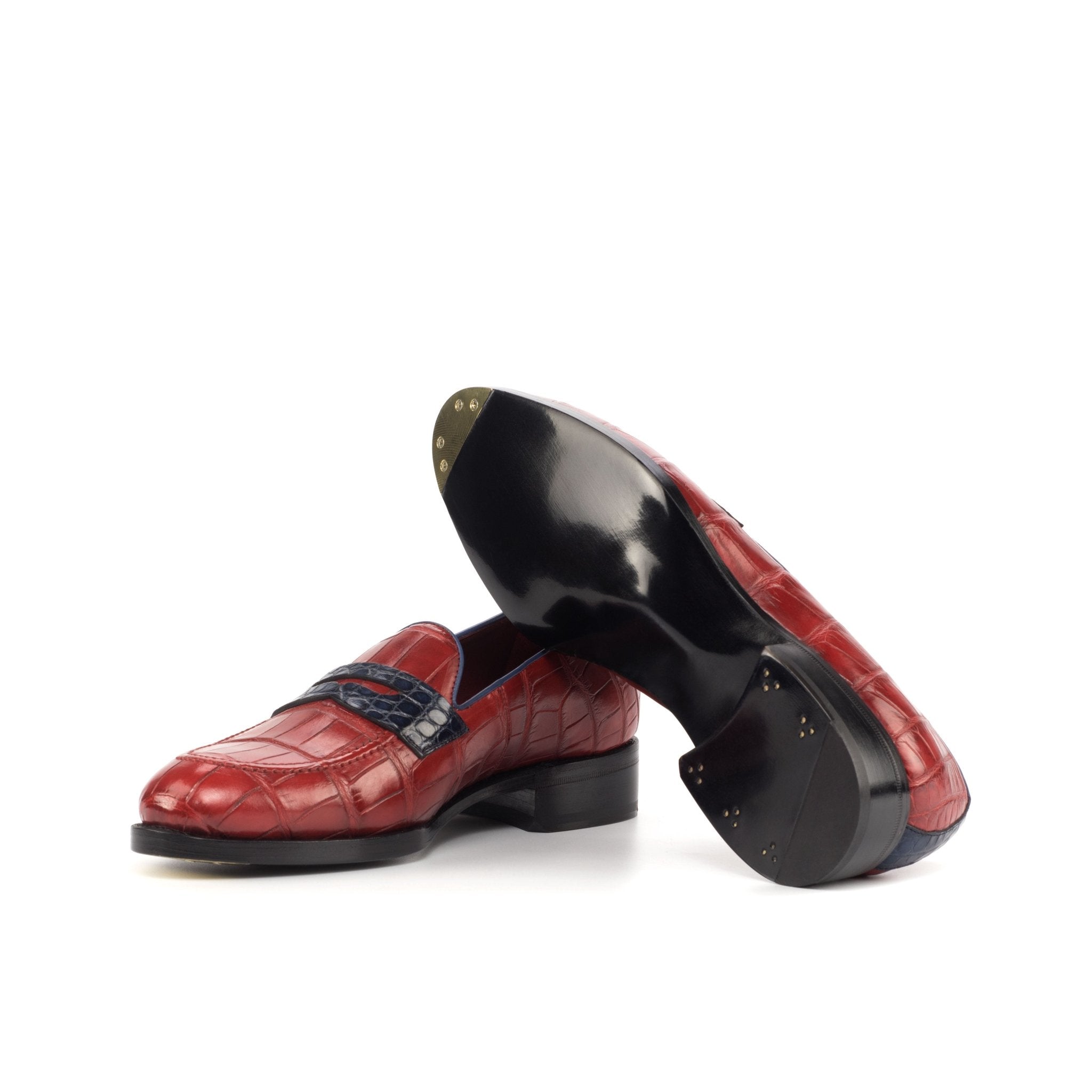 Men's Red and Navy Blue Alligator Loafers with High Heel and Toe Taps - Maison de Kingsley Couture Harmonie et Fureur Spain