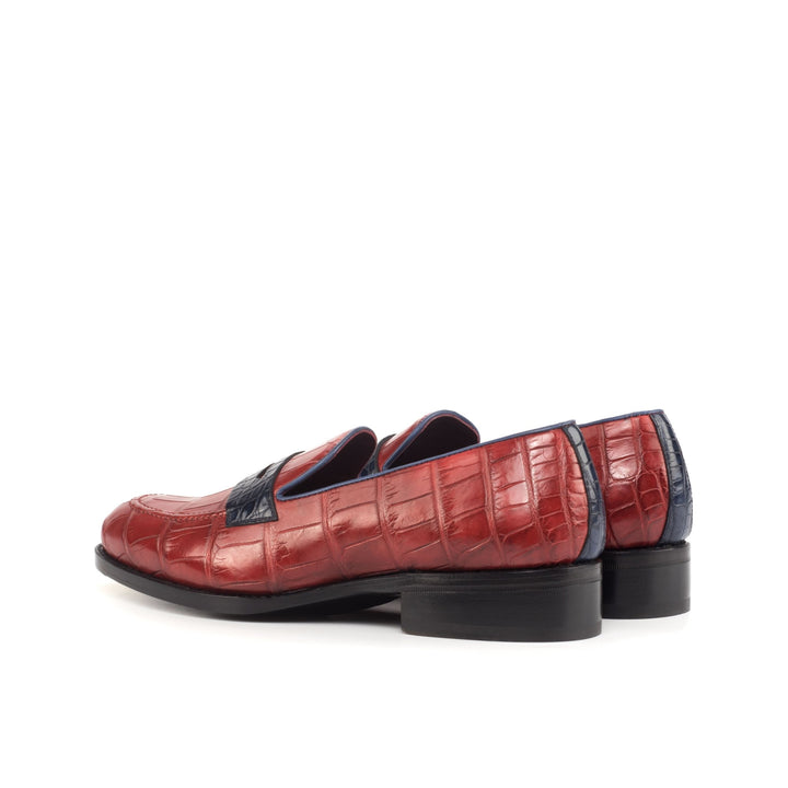 Men's Red and Navy Blue Alligator Loafers with High Heel and Toe Taps - Maison de Kingsley Couture Harmonie et Fureur Spain