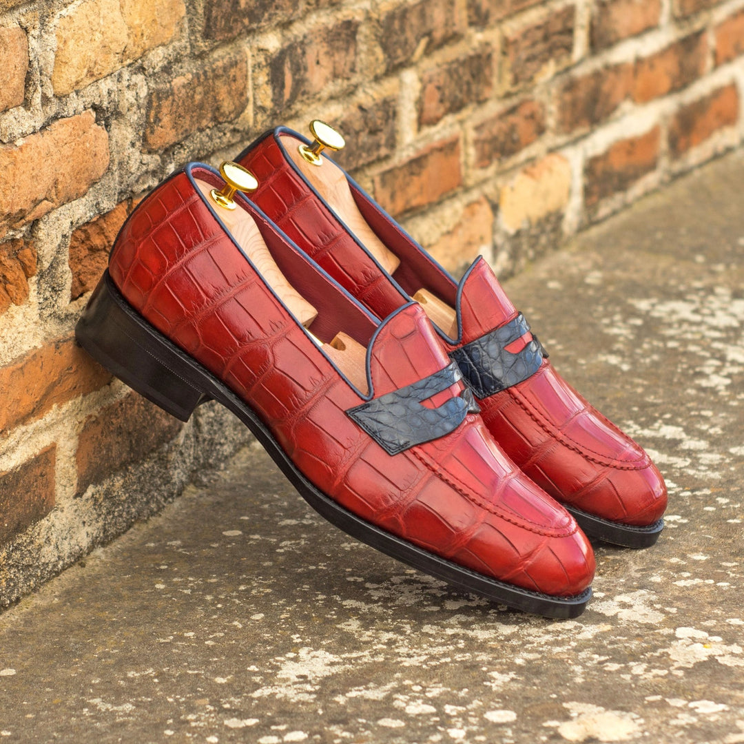 Men's Red and Navy Blue Alligator Loafers with High Heel and Toe Taps
