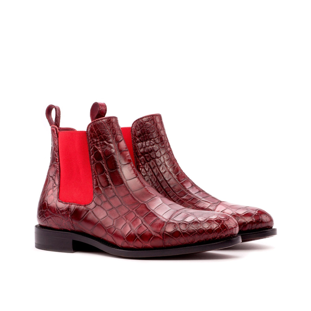 Men's Red Exotic Alligator Chelsea Boots with Cap Toe