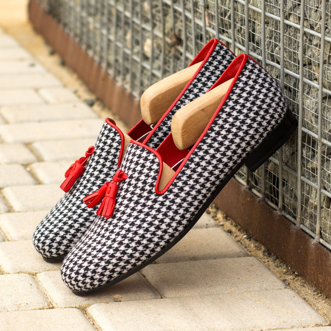 Men's Ronde Houndstooth Smoking Slippers with Red Tassels
