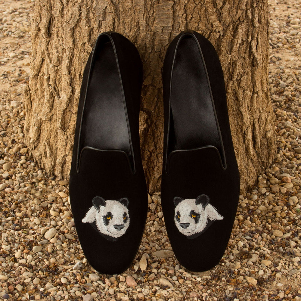 Men's Ronde Panda Embroidery Black and White Smoking Slippers in Black Suede