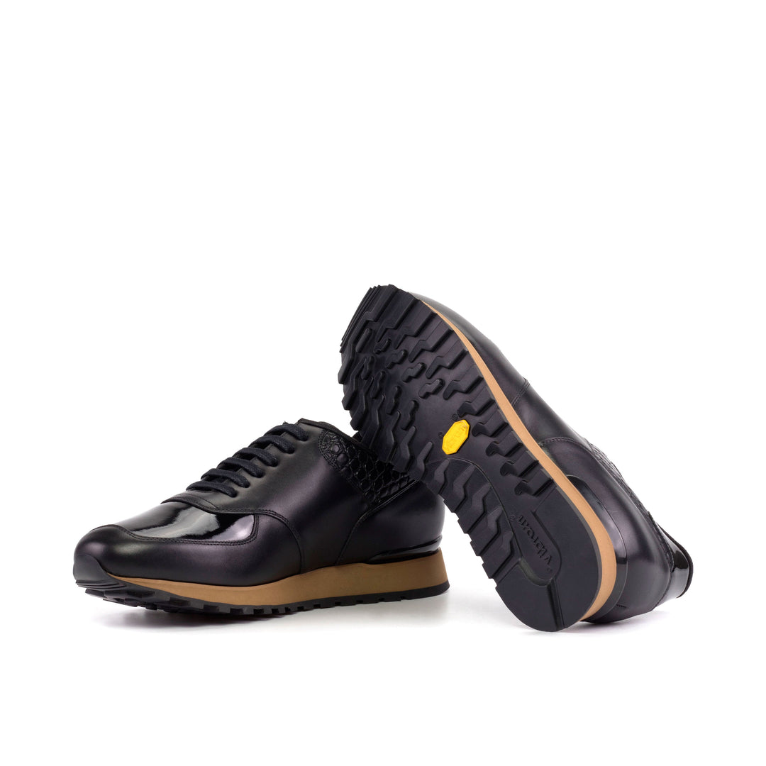 Men's Scarpa Jogging Sneakers in Black Croco Print Calf and Patent Leather