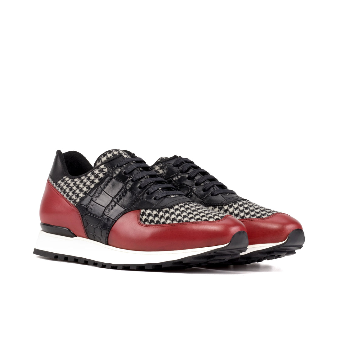 Mens Scarpa Jogging Sneakers in Houndstooth Black Croco Print and Red Calf