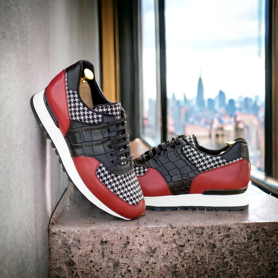 Mens Scarpa Jogging Sneakers in Houndstooth Black Croco Print and Red Calf