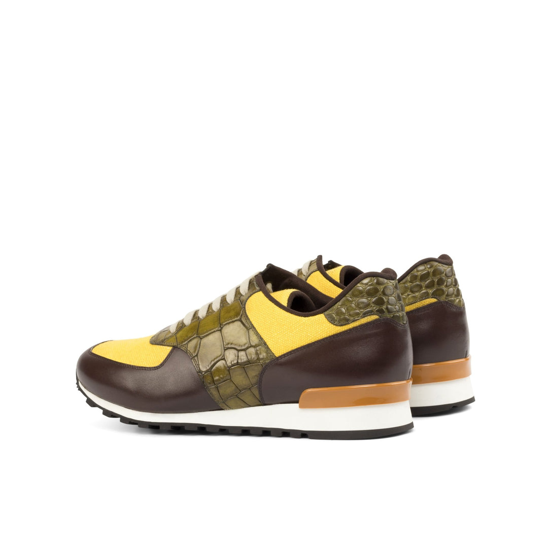 Men's Scarpa Sneaker in Mustard Linen Olive Croco and Brown Calf