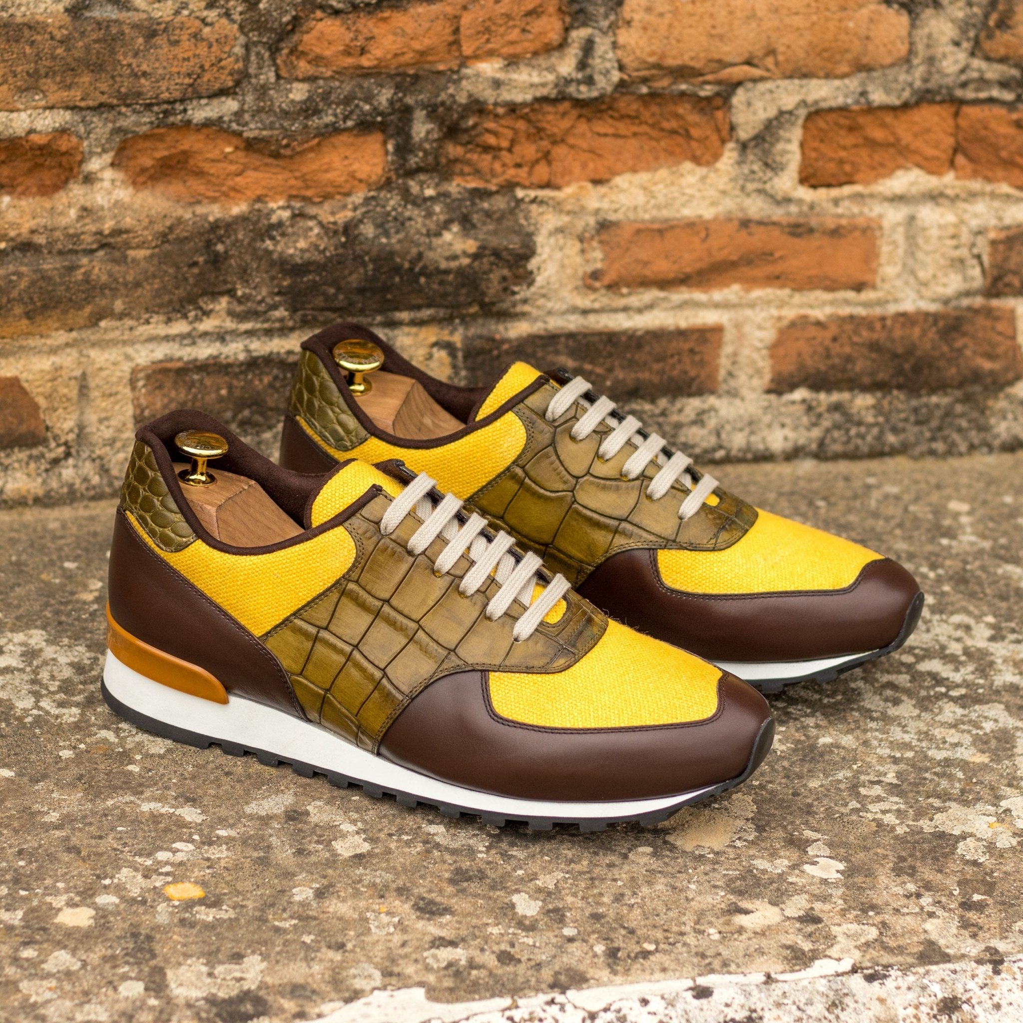 Men's Scarpa Sneaker in Mustard Linen Olive Croco and Brown Calf - Maison de Kingsley Couture Harmonie et Fureur Spain