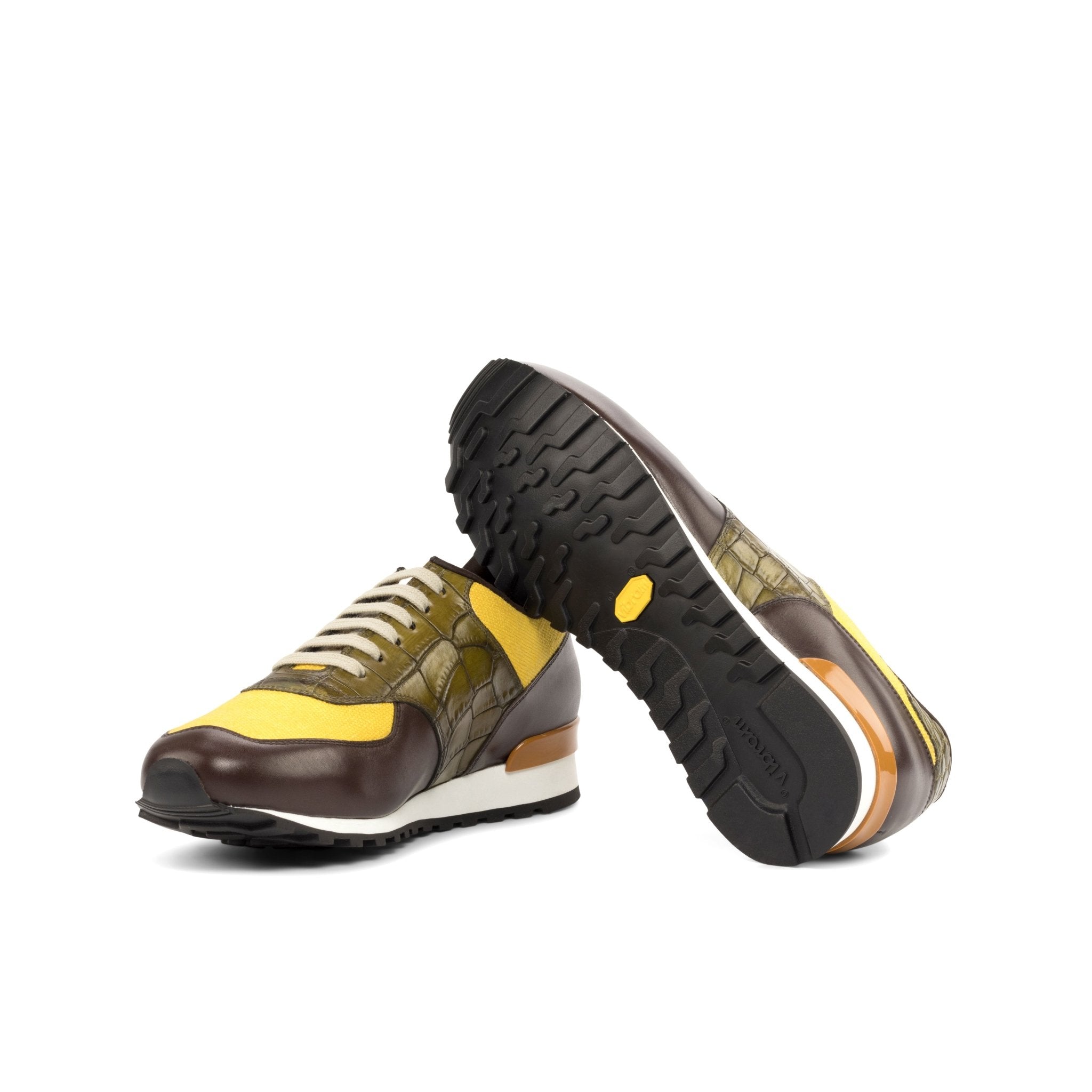 Men's Scarpa Sneaker in Mustard Linen Olive Croco and Brown Calf - Maison de Kingsley Couture Harmonie et Fureur Spain