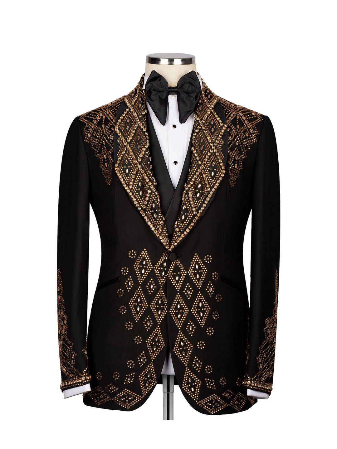 Men's Shawl Lapel Black and Gold Rhinestone Embellished Three Piece Tuxedo